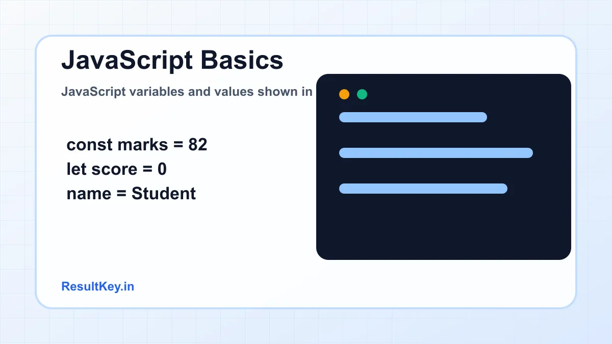 JavaScript variables and values shown in beginner code examples
